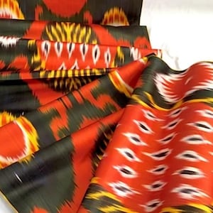 Silk Ikat Fabric, 100% Handwoven Uzbek Fabric, red, green, yellow, white, black, blue, Margilan silk, Designer Fabric, the goods of Sogdia