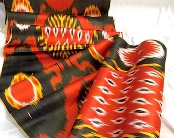 Silk Ikat Fabric, 100% Handwoven Uzbek Fabric, red, green, yellow, white, black, blue, Margilan silk, Designer Fabric, the goods of Sogdia