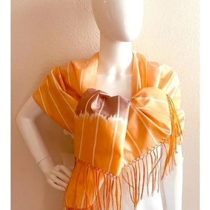 Light Orange Creamsicle Silk Scarf from Uzbekistan, Handmade Scarf, Halloween Scarf, Fall Fringed Scarf, Gift for women, Pinstriped Scarf