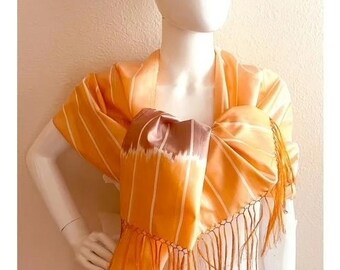 Handmade Margilan Silk Scarf, Light Orange Pinstripe, Fringed Uzbek Scarf
