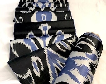 Handwoven Silk Adras Ikat Fabric, Blue Black Gray, Uzbek Designer Material