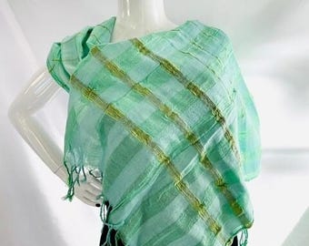 Handwoven Uzbek Fringed Shawl, Seaweed Green Cotton Silk Wool Scarf