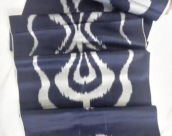 Indigo and Silver Silk Ikat Fabric, Handwoven Uzbek Adras, Pomegranate Pattern