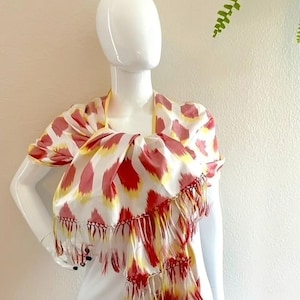 Ikat Silk Scarf from Uzbekistan, Handmade Margilan Silk Fringed Scarf, Red white yellow, Women&#39;s gift, anniversary gift, Pure Silk