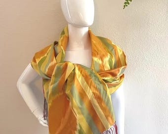 Handmade Margilan Silk Scarf, Orange Fruit Ikat, Striped Fringe