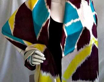 Geometric Silk Ikat Fabric, Handwoven Uzbek Adras, Designer Material
