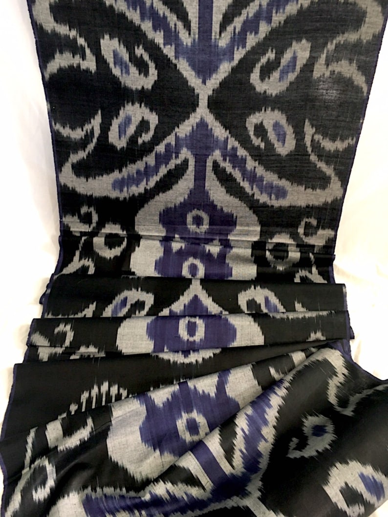 100/% Handwoven Uzbek Fabric the goods of Sogdia black Margilan silk and light gray Designer Fabric Cotton and Silk Ikat Fabric blue