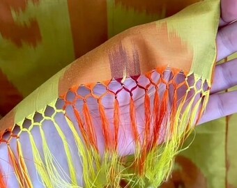 Mustard Yellow and Orange Ikat Silk Scarf from Uzbekistan, Margilan Silk Ikat Scarf, Adras pattern, Scarf with fringe, Gift for her