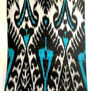 Silk Adras Fabric, 100% Handwoven Uzbek Fabric, turquoise, black and silver, Margilan silk Ikat, Designer Fabric, the goods of Sogdia