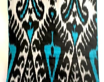 Handwoven Silk Ikat Fabric, Turquoise Black Silver, Uzbek Adras
