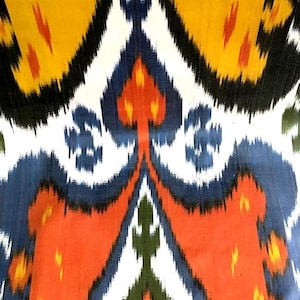 Silk Adras Fabric, 100% Handwoven Uzbek Fabric, blue, white, green, yellow, Margilan silk Ikat, Designer Fabric, the goods of Sogdia