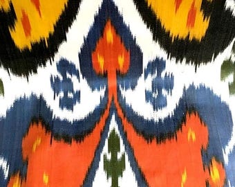 Handwoven Silk Ikat Fabric, Abstract Butterfly Pattern, Uzbek Adras Fabric