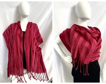 Red and Black Silk and Cotton Striped Uzbek Fringed Scarf, Handwoven, Handmade Gift, Margilan cotton, Silk Road Scarf