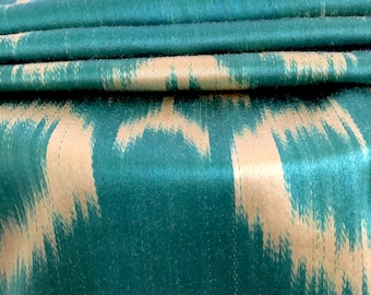 Handwoven Uzbek Silk Adras Fabric, Teal Camel Ikat, Designer Material