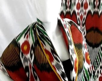Moiré Silk Ikat Fabric, red, green, yellow, white, 100% Handwoven Uzbek Fabric, Margilan silk Ikat, Designer Fabric, the goods of Sogdia