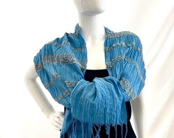 Handwoven Blue Margilan Silk Scarf, Uzbek Fringed Shawl