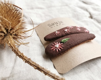 Old Pink Meadow Flower Handmade Hair Clip Hair Accessory Embroidered Brown Linen Hair Barrette Hair Styling For Girls Woman Gift For Girls