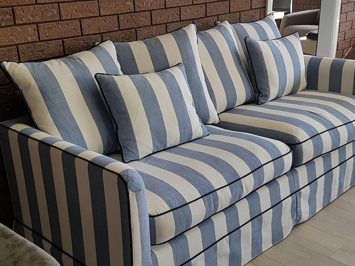 Custom Hamptons Striped Sofa/3 Seater Lounge Blue Denim White Stripe - Etsy