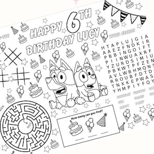 Przewodnik po szablonach dla Bluey and Bingo Coloring Activity Sheet. Edytowalny szablon