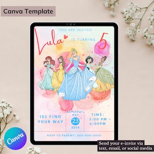 Colorful princess and friends birthday invitation, e-invite, children’s birthday invitation, invite template, editable digital template