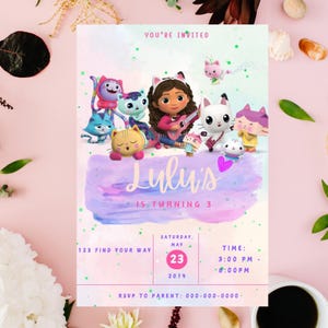 Bunte Gabby digitale Geburtstags-E-Invite-Vorlage, herunterladbare Vorlage Party Evite, GabbyCat e-Invite für kleine Geburtstagsfeiern.