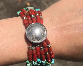 Buffalo Nickels, Turquoise, and Coral/Glass Beads Bracelet