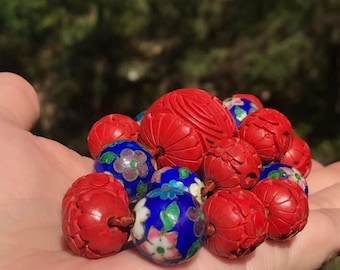 Power Red Carved Cinnabar & Cloisonne Beaded Necklace