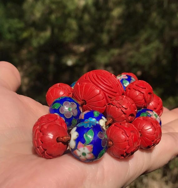 Power Red Carved Cinnabar & Cloisonne Beaded Necklace