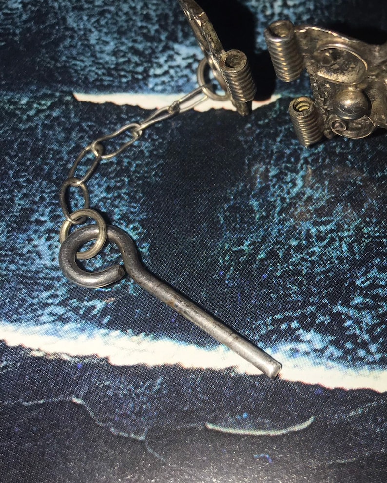 May include: Close-up of a silver-toned metal clasp with a chain and key-shaped component. The clasp has decorative floral elements and coiled springs. The key-shaped piece is connected to the chain by a small ring.
