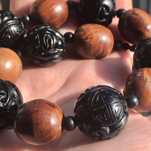 Vintage Hand-Carved Longevity Shou Beaded Necklace