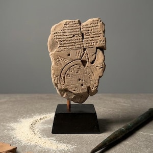 Puede incluir: Una antigua tableta de arcilla de color marrón con escritura cuneiforme y diseños geométricos, montada sobre un soporte negro. Un estilete de bronce y fragmentos de arcilla rodean la tableta. La tableta mide unos 15 cm de alto.