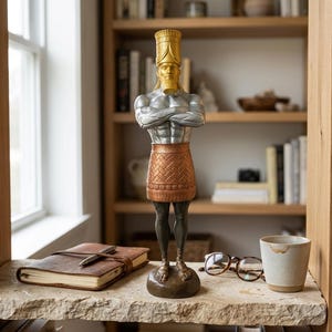 May include: A detailed statue of a figure with crossed arms, wearing a gold crown and a patterned skirt. The statue has a silver torso and dark legs, standing on a round base. The statue is displayed on a stone shelf with a notebook, pen, glasses, and a mug.
