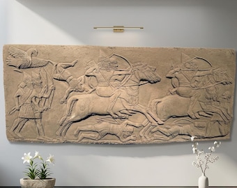 Handmade King Ashurbanipal Relief Panel – Assyrian Battle Scene Wall Art