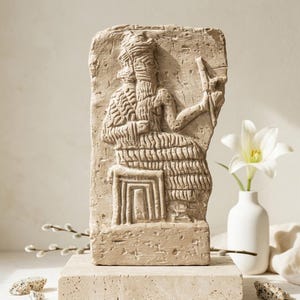 May include: A beige, rectangular relief sculpture of a seated figure with a long beard and elaborate headdress, holding an object. The sculpture is on a stone base. A white vase with a white lily and sprigs of pussy willow are in the background.