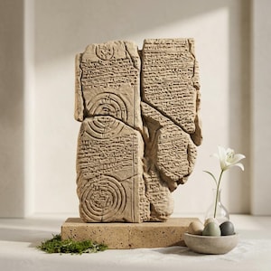 Puede incluir: Una escultura de piedra beige que se asemeja a una tableta fragmentada, inscrita con intrincados patrones y símbolos. La escultura está montada sobre una base cuadrada. Un lirio blanco en un jarrón de cristal y un cuenco de huevos están en el fondo.