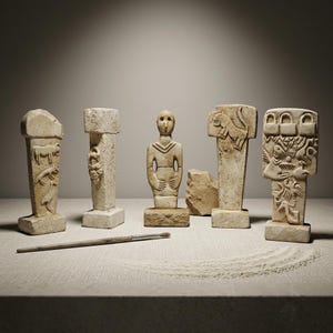 May include: A display of weathered stone sculptures, featuring a central human form and various pillar-shaped pieces adorned with animal and geometric carvings. A paintbrush is positioned in front, hinting at artistic or archaeological work.