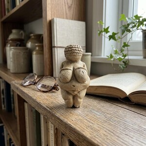 May include: A small, beige Venus figurine with exaggerated breasts and a detailed hairstyle. The sculpture is displayed on a wooden shelf with books, eyeglasses, and a window with greenery in the background. The figurine is a representation of prehistoric art.