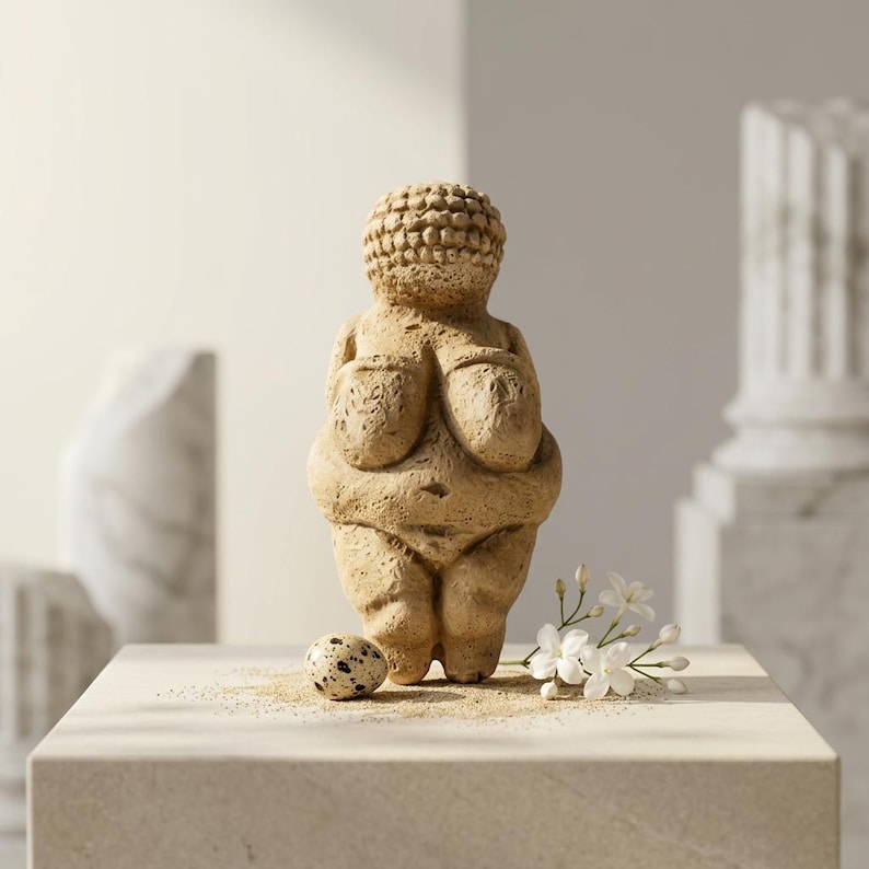 May include: A beige-colored Venus figurine with exaggerated features, standing on a stone surface. A speckled egg and white flowers are placed near the statue. The sculpture has a textured surface and is a representation of prehistoric art.