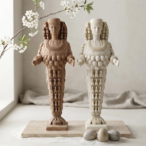 Puede incluir: Dos estatuas decorativas de una mujer con detalles ornamentados. Una estatua es de color marrón claro y la otra blanquecina. Ambas estatuas tienen un collar y un tocado detallados. Las estatuas se exhiben sobre una base de piedra rectangular.