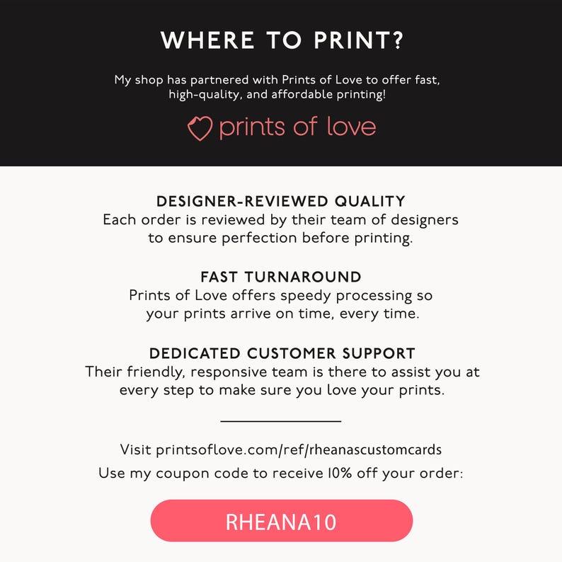 K&ouml;nnte beinhalten: Ein pinkfarbenes Herz mit dem Text "prints of love" &uuml;ber einem wei&szlig;en Hintergrund mit dem Text "WHERE TO PRINT?" und Informationen &uuml;ber das Druckunternehmen Prints of Love. Der Text enth&auml;lt Informationen &uuml;ber die von Designern gepr&uuml;fte Qualit&auml;t, schnelle Bearbeitungszeit, engagierten Kundensupport und einen Gutscheincode "RHEANA10" f&uuml;r 10% Rabatt auf Ihre Bestellung.