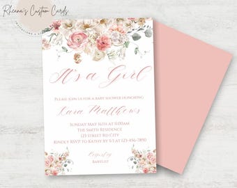 May include: A pink and white baby shower invitation with floral illustrations. The text reads "It's a Girl" and includes the name "Kara Matthews" and details for the event.