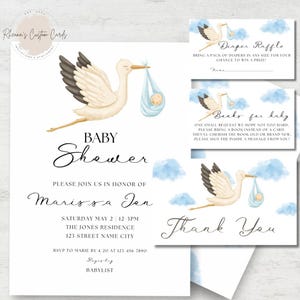 May include: A baby shower invitation with a stork carrying a baby in a blue blanket. The invitation is for Marissa Jan and includes the date, time, and location of the shower. It also includes a request for guests to bring a book instead of a card for the baby.