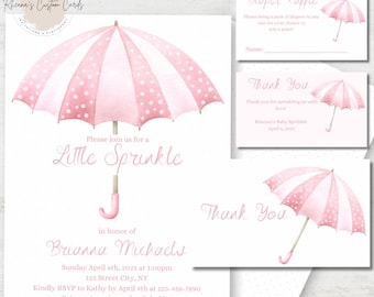 May include: Pink and white baby shower invitation with a pink and white polka dot umbrella. The invitation says "Please join us for a Little Sprinkle in honor of Brianna Michaels. Sunday April 6th, 2025 at 1:00pm 123 Street City, NY Kindly RSVP to Kathy by April 4th at 123-456-7890 Brianna is registered at BabyList"