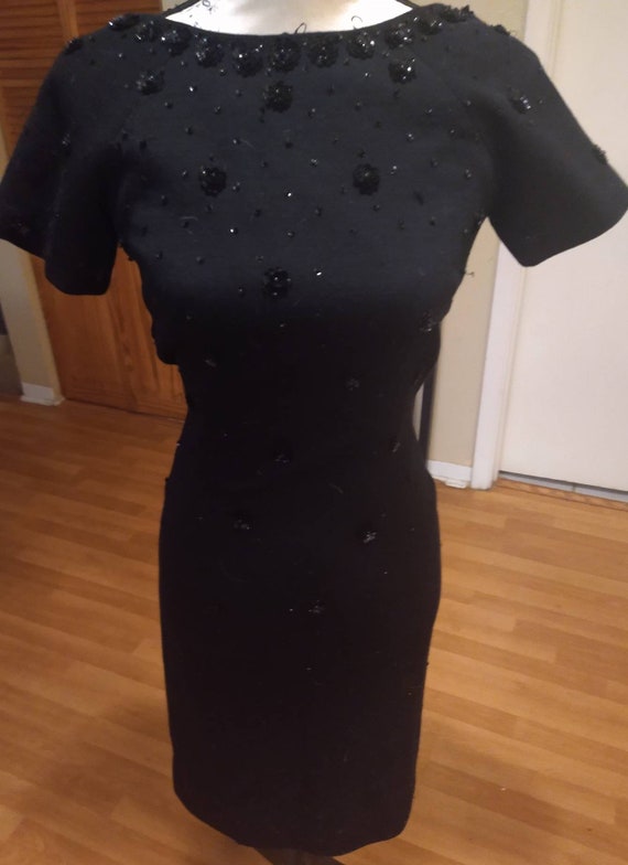 1950S Black Beaded. Sequined Cocktail Dress Sz 8