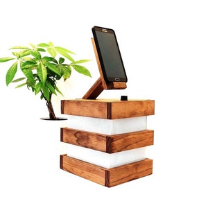 Wood Desk Lamp Phone Stand Table Lamp Wood Lamp Bedside Lamp Smartphone Station Mens Gift Gift for Her Birthday Present FREE SHIPPING image 1