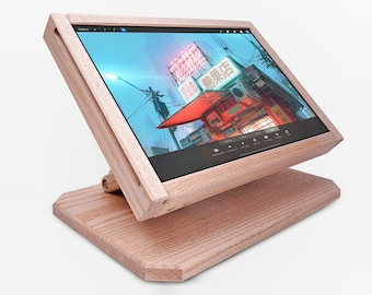 Adjustable Multi-Use Tablet Stand & iPad Stand in White Oak. For Drawing, Office, Business and Display. Magnetized Hold. Custom Wooden Tray