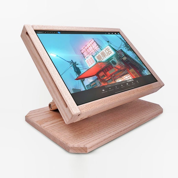 Adjustable Multi-Use Tablet Stand & iPad Stand in White Oak. For Drawing, Office, Business and Display. Magnetized Hold. Custom Wooden Tray