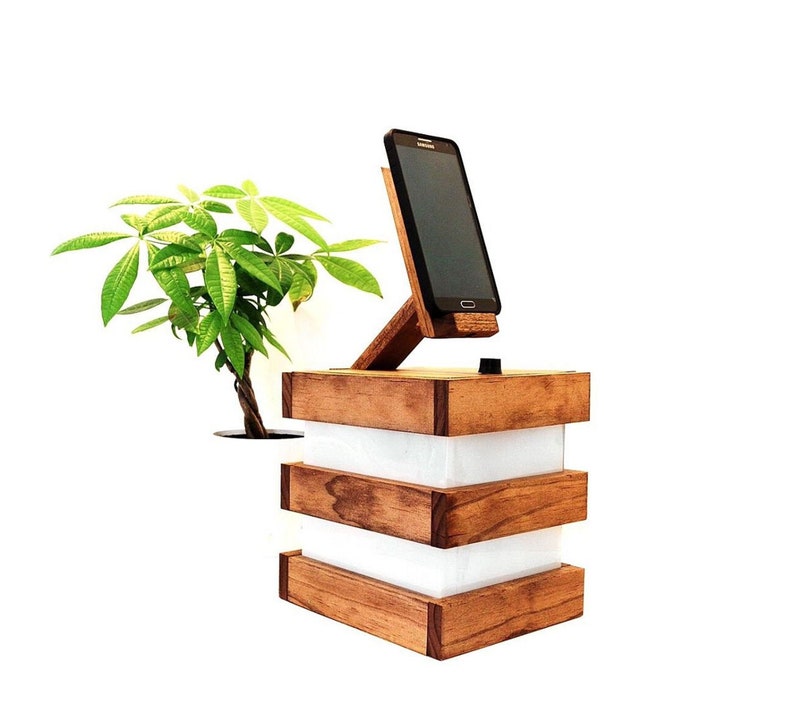 Wood Desk Lamp Phone Stand Table Lamp Wood Lamp Bedside Lamp Smartphone Station Mens Gift Gift for Her Birthday Present FREE SHIPPING image 1