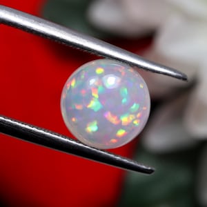 May include: A round, translucent white opal gemstone held by silver-toned metal tweezers. The stone displays a vibrant play-of-color with flashes of orange, yellow, green, and pink throughout its smooth, polished, cabochon-cut surface.