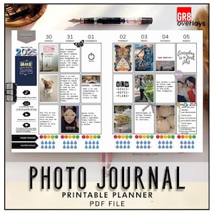 Könnte beinhalten: Ein druckbarer Fotojournal-Planer mit wöchentlicher Aufteilung. Der Planer verfügt über einen Stimmungs- und einen Wasseraufnahme-Tracker. Der Planer ist mit bunten Stickern und Fotos verziert. Der Planer ist für das Jahr 2025. Der Text "Make Happen" befindet sich auf dem Cover des Planers.